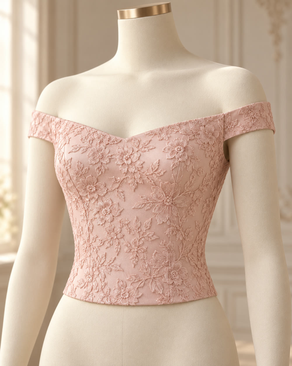 Corselet ombros à mostra em renda rosa (imagem ilustrativa)